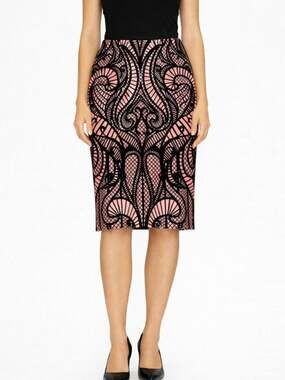 ECI New York Pencil Skirt – Pink & Black Ornate Pattern Size M NWOT